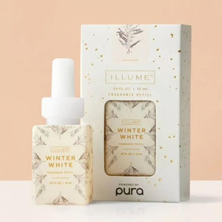 Pura Smart Fragrance Vial in Winter White by Illume featuring evergreen, frosted cypress, white peppercorn, cardamom, and citrus notes.