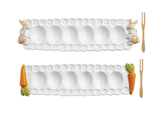 Easter deviled egg tray set with bunny handles and wooden fork