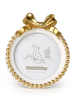 Pink, blue, and white round photo frames with gold bows

Gold beaded round photo frames with bow detail

Assorted pastel round frames with gold bow top

Elegant nursery photo frames with gold trim and bow