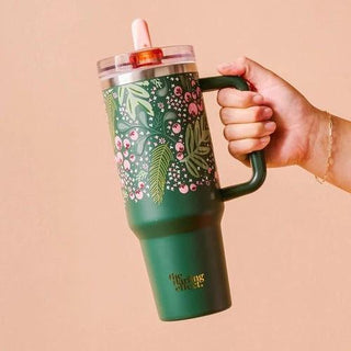 Jolly Sprig 40 oz Tumbler by The Darling Effect with holly berry print

Green holiday tumbler with handle and straw lid

The Darling Effect insulated 40 oz tumbler with festive print

Reusable holiday tumbler with handle and flip straw lid