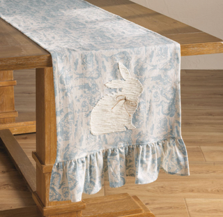 Easter table runner with embroidered bunny and ruffle edge