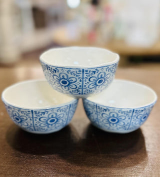 4 inch blue and yellow ceramic prep bowls with floral folk art design