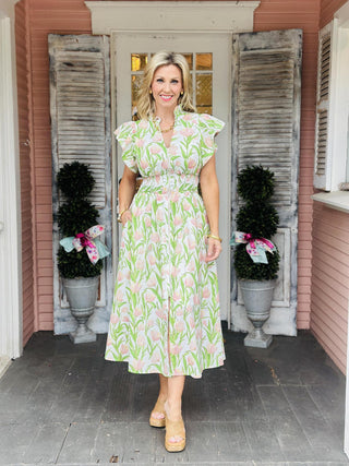 Juli Dress botanical print cap sleeve midi dress with smocked waist and front zip closure