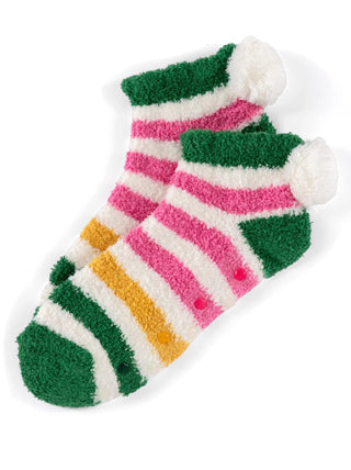 Fuzzy striped home socks with pompom heel

Colorful fuzzy socks with grip bottom

Cozy striped home socks in pink, green, and gold

Women’s fuzzy grip socks with holiday stripes

Shiraleah Gloria fuzzy socks with ribbon packaging