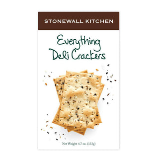 Stonewall Kitchen Everything Deli Crackers seasoned with sesame seeds, poppy seeds, caraway seeds, dried onion, and toasted garlic.
