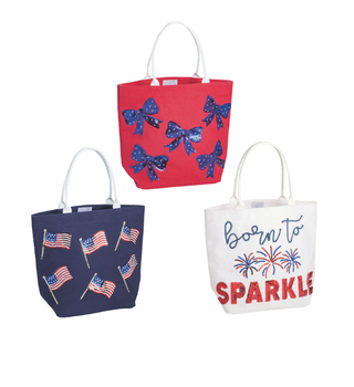 Americana sparkle tote bag with sequin bows and cotton webbing handles
