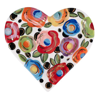 Polka dot flower heart trinket tray with colorful floral design