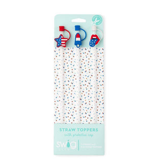 All American straw topper set with red white and blue silicone toppers and reusable straws