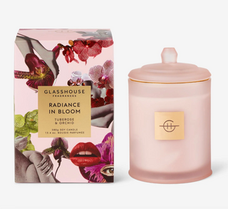Glasshouse Radiance In Bloom candle in frosted glass with pink wax and lid