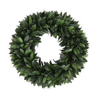 Bay Laurel Wreath featuring layered faux two-tone green leaves with a full 20-inch design for year-round decorating.