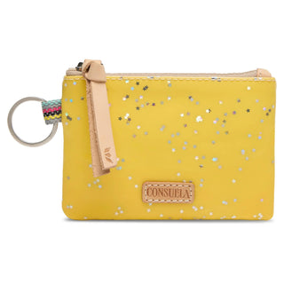 Consuela Harlow Pouch in sunshine yellow glitter with iridescent stars