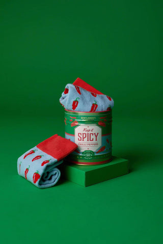 Gentlemen’s Hardware Socks in a Can Chillies design

Keep It Spicy chilli pepper socks in collectible tin

Gentlemen’s Hardware chili pepper novelty socks

Red and blue socks in reusable tin gift can

Fun men’s socks gift tin with chili pepper print