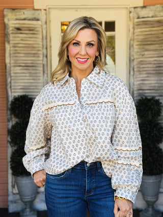 Abigail Top floral print blouse with lace trim and long puff sleeves