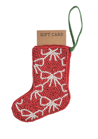 Beaded Stocking Ornaments with festive Christmas designs and grosgrain loop hangers, perfect for holding gift cards or cash.