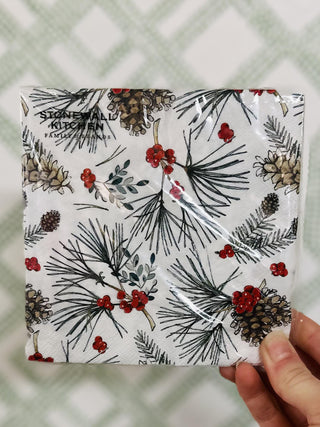 Winter pine cocktail napkins with pinecones and red berries

Holiday pine branch cocktail napkins

Stonewall Kitchen winter pine paper cocktail napkins

Christmas cocktail napkins with pinecones and greenery

Festive winter pine entertaining napkins
