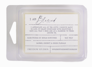 Freedom Studios Wax Melts with mandarin, bergamot, jasmine, and white tea

Hand-poured soy blend wax melts made by survivors

Freedom Studios 2oz wax melt with uplifting citrus and floral notes

Soy blend wax melts in clean packaging by Freedom Studios