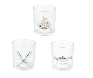 DOF whiskey glass with cast aluminum emblem