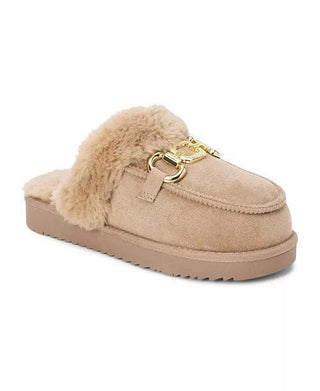 "Davos Taupe faux fur slippers with gold buckle detail"

"Cozy taupe slip-on slippers with faux fur lining"

"Warm taupe mule slippers with gold hardware"

"Women’s taupe faux fur slippers with cushioned sole"