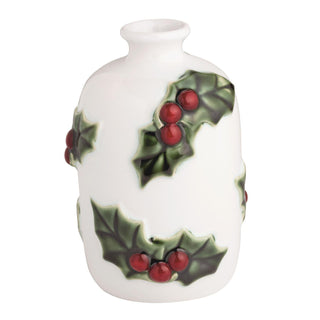 White stoneware bud vase with raised holly leaf and berry details

Holiday bud vase featuring hand-painted holly accents

Ceramic Christmas vase with 3D holly clusters

Small stoneware vase with festive holly decoration

Hand-painted holly bud vase for holiday florals