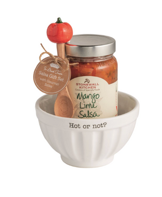 Salsa bowl gift set with ceramic dip bowl wooden spoon and mango lime salsa