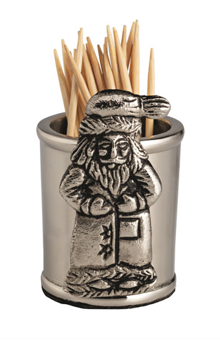 Cast aluminum Santa-shaped toothpick holder with included toothpicks

Festive Santa toothpick caddy two-piece holiday kitchen set

Christmas-themed Santa toothpick dispenser with wood toothpicks