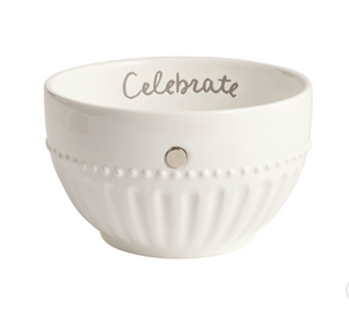 White fluted ceramic Simply Charming Bowl with a beaded rim, built-in magnet for interchangeable charms, and "Celebrate" printed inside.