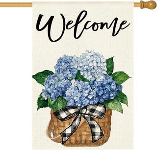 Basket of hydrangeas welcome house flag 28x40 inch