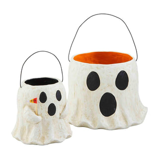 Ghost Treat Bucket with hand-painted papier-mâché design and wire handle