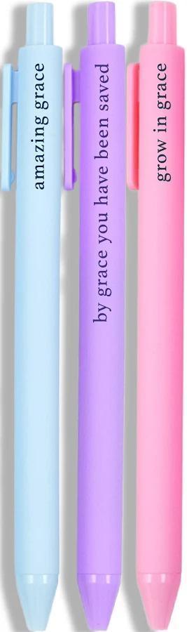 Church Notes Grace pen set with blue, purple, and pink gel pens