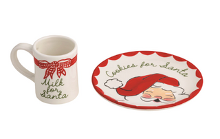Hand-painted ceramic Milk & Cookies for Santa Set featuring a festive milk mug with a red bow and coordinating Santa cookie plate.