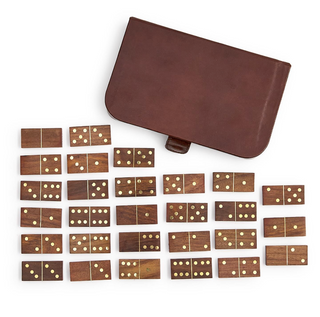 Chestnut Genuine Leather Domino Set with 28 acacia wood dominoes in a genuine leather storage case.