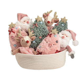 "Assorted holiday plush pals with Santa, reindeer, and Christmas tree designs in rope basket"

"Faux fur and minky Christmas plush toys with weighted seat for seasonal decor"

"Holiday-themed plush Santa, reindeer, and trees in decorative cotton rope basket"