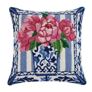 Pretty Petals hook pillow with floral bouquet in blue chinoiserie vase