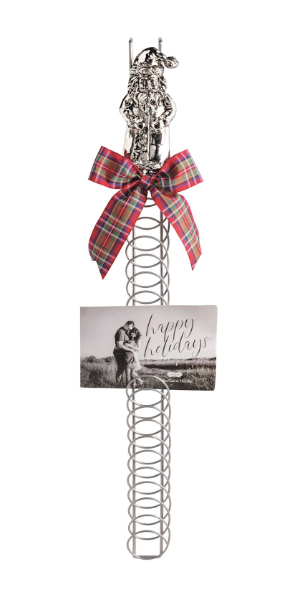Metal Santa Card Holder with a cast aluminum Santa topper, spiral coil design, and festive plaid bow for displaying Christmas cards and holiday photos.