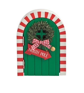 Magic Elf Door with LED lights in red and green, featuring festive Christmas scenes for elf visits, decorative baseboard holiday décor.
