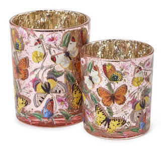 Butterfly silhouette antiqued glass tealight candleholder

Floral butterfly votive candle holder with gold interior

Antiqued butterfly glass candleholder set of two

Decorative butterfly tealight holder with metallic finish