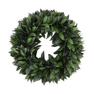 Bay Laurel Wreath featuring layered faux two-tone green leaves with a full 20-inch design for year-round decorating.