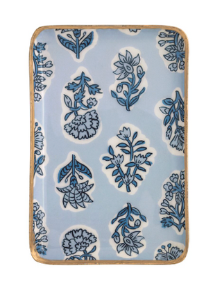 Blue patterned enamel trinket tray with hand painted gold edge