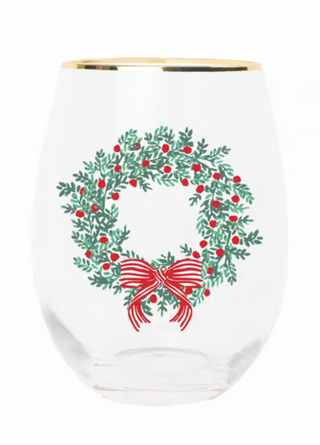 Wine Glass Wreath & Ribbon with Red Bow and Gold Rim