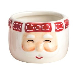 Hand-painted ceramic Christmas tidbit dishes featuring festive designs including holly, Santa, bows, and a reindeer with dimensional exterior details.