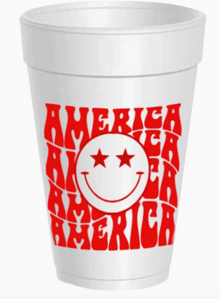 America Smiley Styrofoam Cups with red retro America print and smiley face design on white 16 oz foam cup