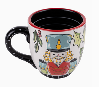 Hand-painted Nutcrackers Jumbo Mug with festive nutcracker design and holly accents

Oversized Christmas mug featuring colorful nutcracker illustrations and black polka dot handle

Nutcracker-themed jumbo holiday mug with red rim and detailed artwork

Ceramic jumbo mug with nutcracker characters and greenery illustrations