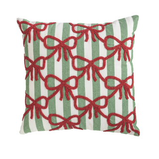 Square Christmas Bow Beaded Pillow featuring red beaded bows on a green and white striped cotton background with canvas backing, 18" x 18".