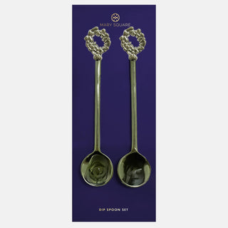 Set of two gold dip spoons with holiday handles

Elegant gold holiday dip spoon set with bow and wreath tops

Festive serving spoons for dips and appetizers

Gold-tone dip spoons with decorative handles

Mary Square holiday dip spoon set in gift-ready packaging