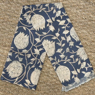 Navy floral cotton tea towel with vintage botanical block print and fringed edge