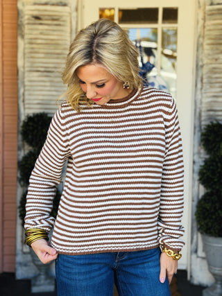 Jasmine Sweater brown and cream striped crew neck long sleeve sweater