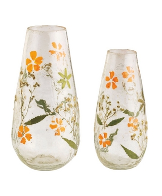 Fall Pressed Flower Vases featuring clear glass with delicate pressed floral and botanical designs, available in small and large sizes.