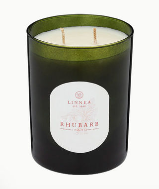 Linnea Rhubarb candle in moss green glass vessel from the Botanik Collection