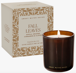 Fall Leaves 12 oz boxed soy candle in an amber glass jar with notes of apple, orange, cinnamon, and cloves.