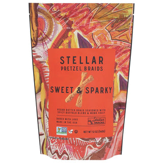 Bag of Stellar Sweet & Sparky Pretzel Braids with bold buffalo flavor

Sweet & spicy vegan pretzel snacks in 12 oz colorful bag

Stellar Snacks Pretzel Braids in Sweet & Sparky spicy buffalo flavor